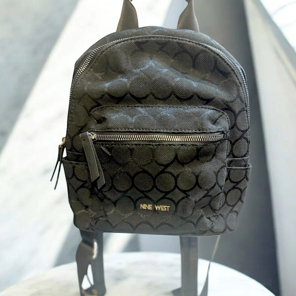 Chic & Compact: Nine West Taren Mini backpack Black logo canvas & leather